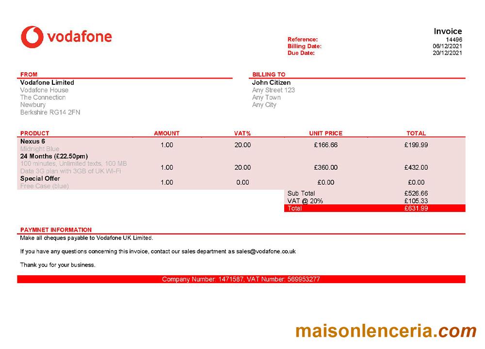 Szablon faktury USA Vodafone formaty Word i PDF